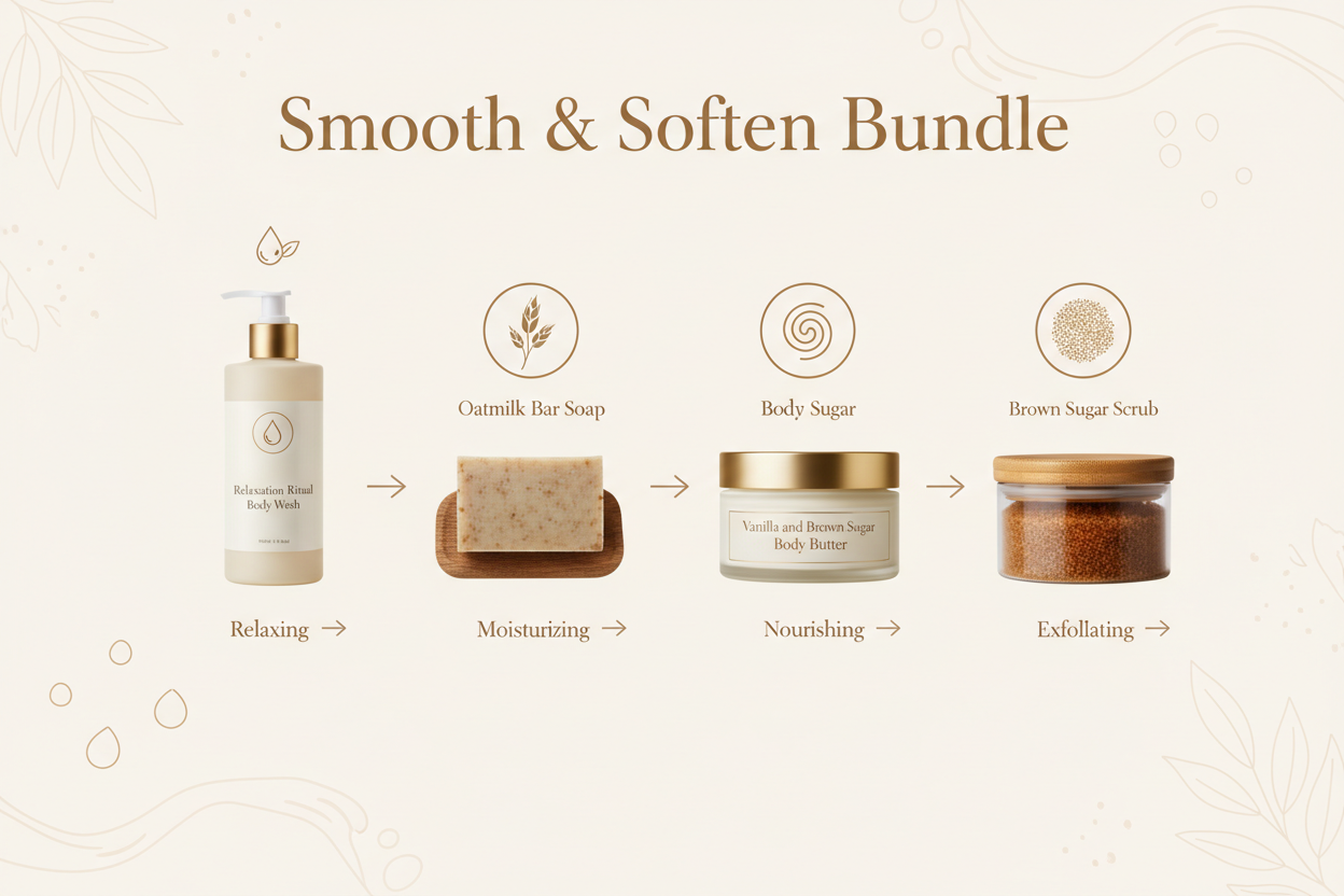 create an inforgraphic for the smooth and soften bundle include the relaxtion ritual bodywash, oatmilk bar soap, vanilla and brown sugar body butter and the brown sugar body scrub 